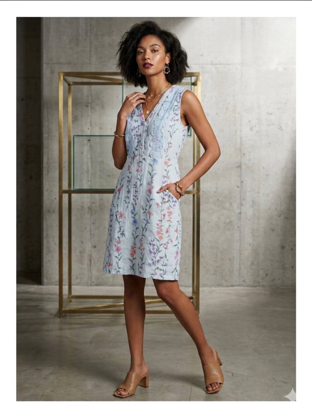 Italian Linen Blue Floral Dress